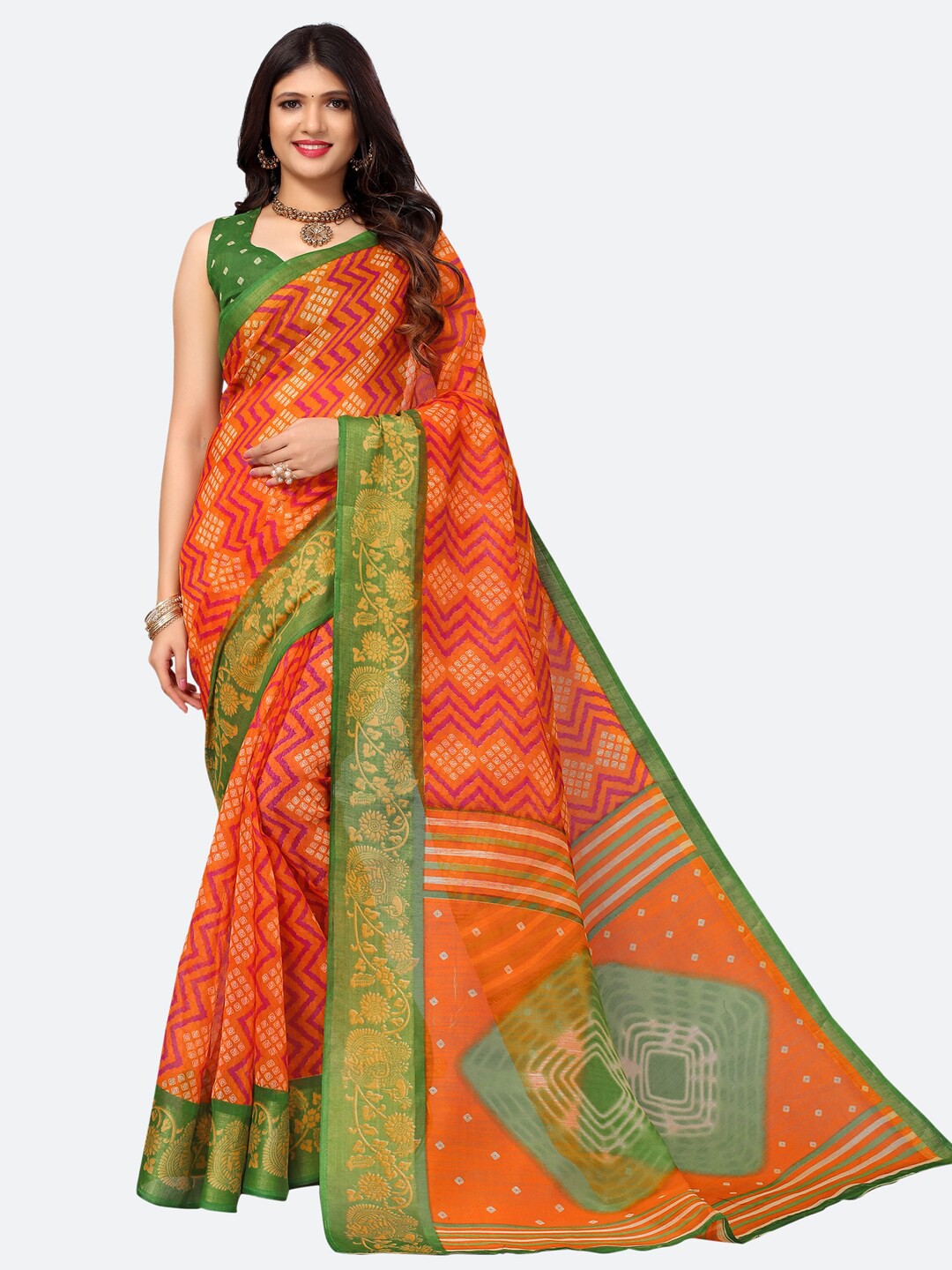 

KALINI Green & Orange Bandhani Zari Bandhani Saree