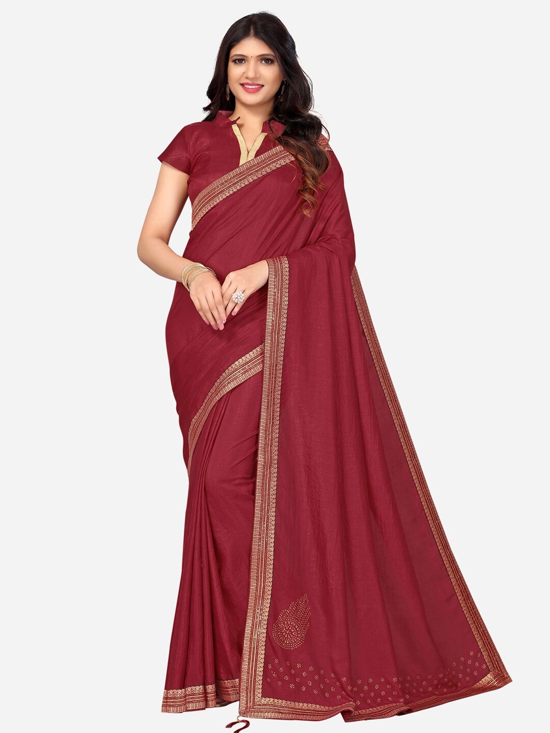 

KALINI Maroon & Gold-Toned Embellished Zari Saree