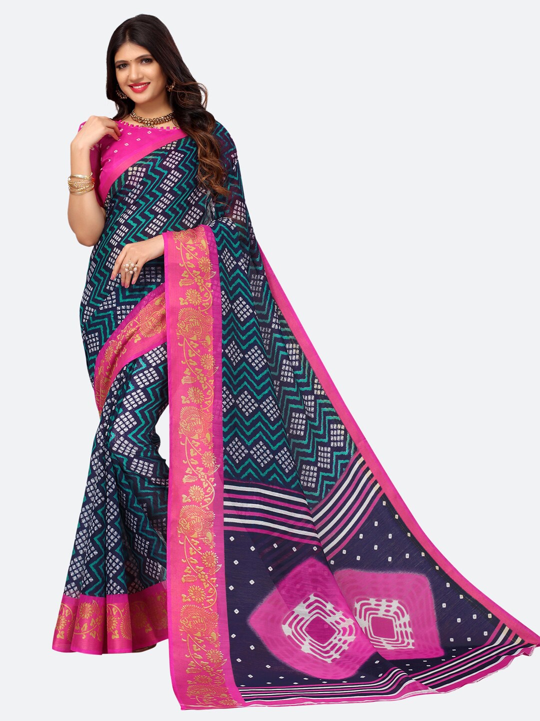 

KALINI Pink & Blue Bandhani Zari Bandhani Saree