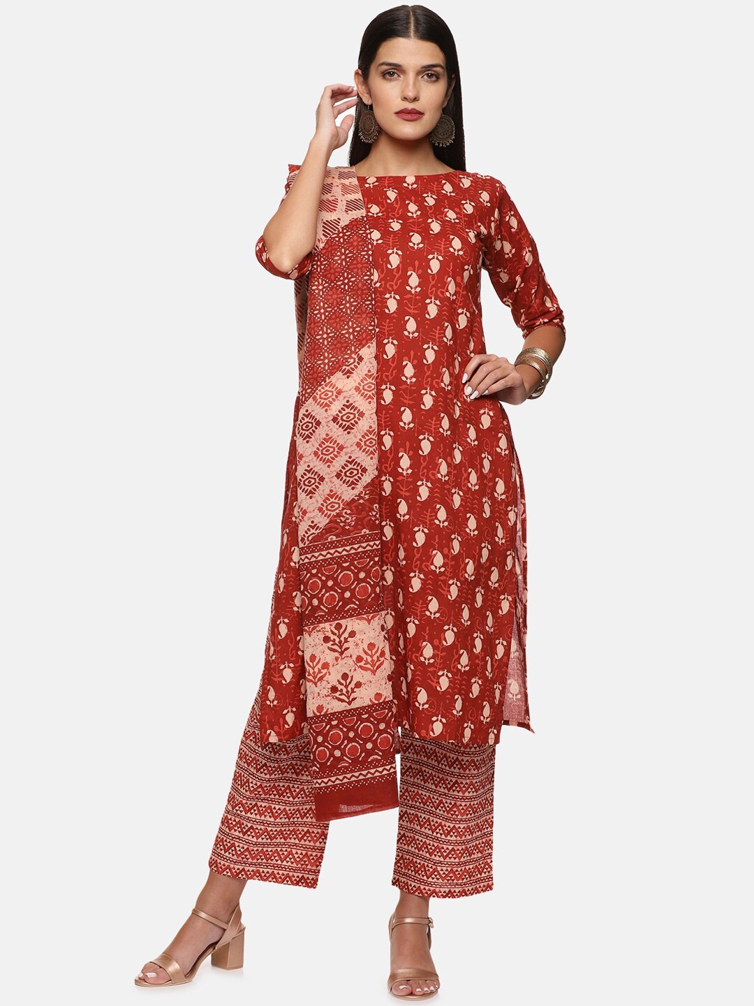 

DIVINATION Women Brown Printed Pure Cotton Kurta with Palazzos & With Dupatta