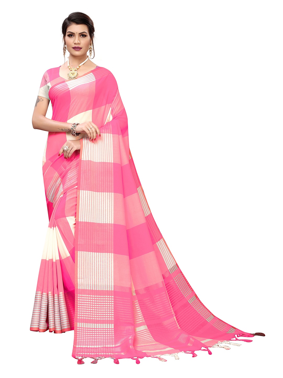 

MOKSHA DESIGNS Pink & Cream-Coloured Checked Zari Pure Cotton Saree