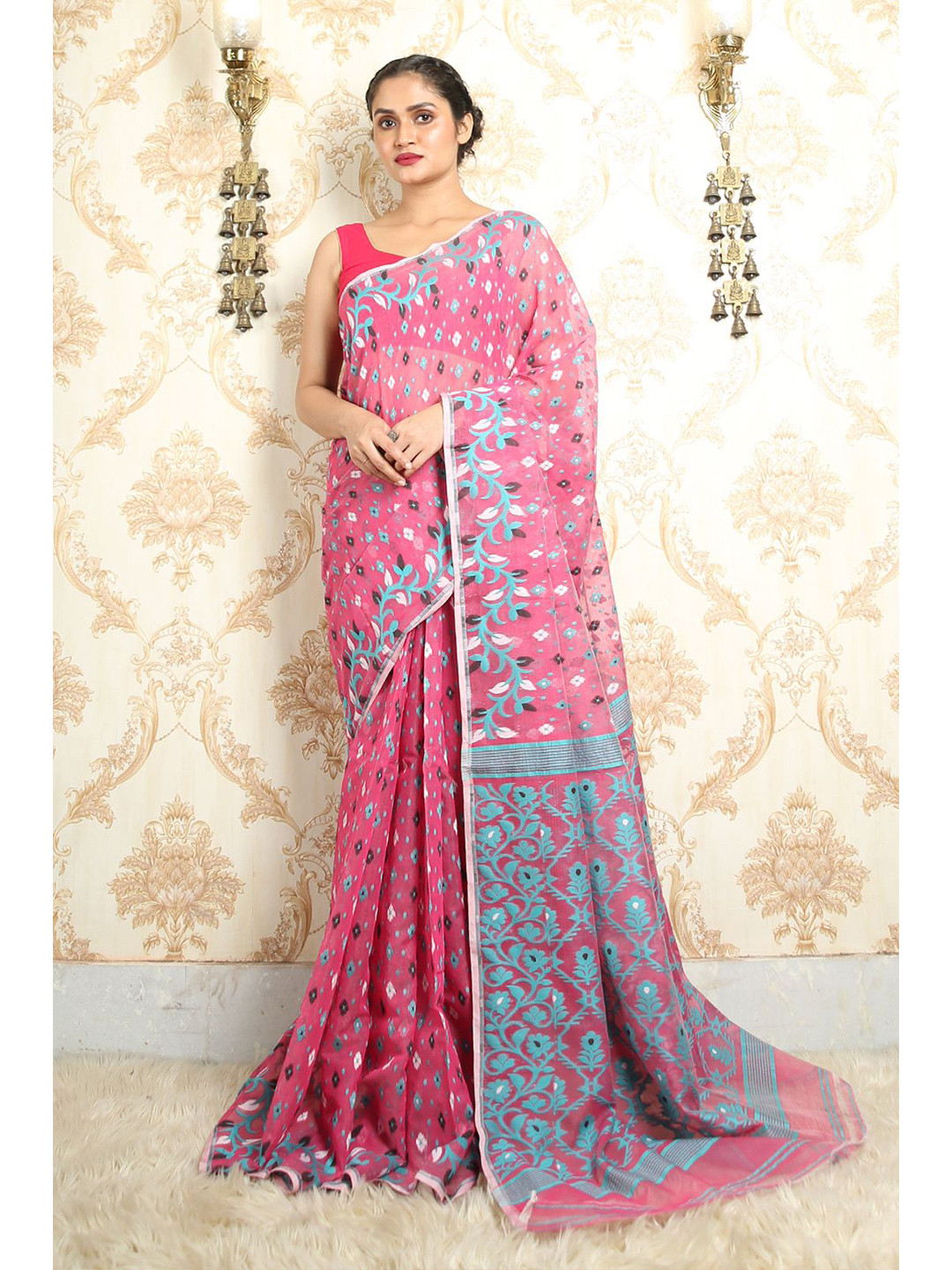 

Arhi Pink & Blue Woven Design Silk Cotton Jamdani Saree