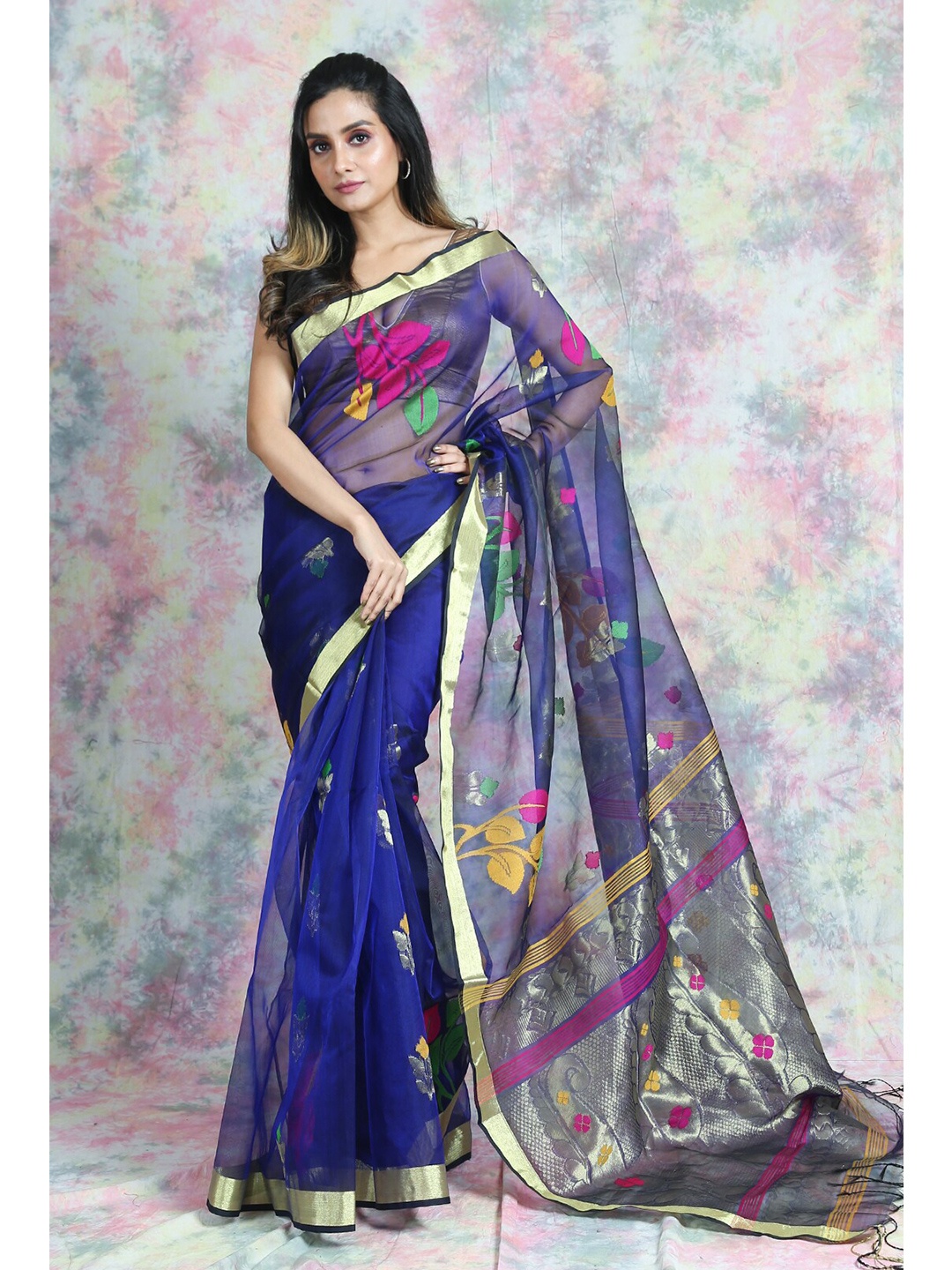 

Arhi Women Blue & Pink Woven Design Zari Pure Silk Saree