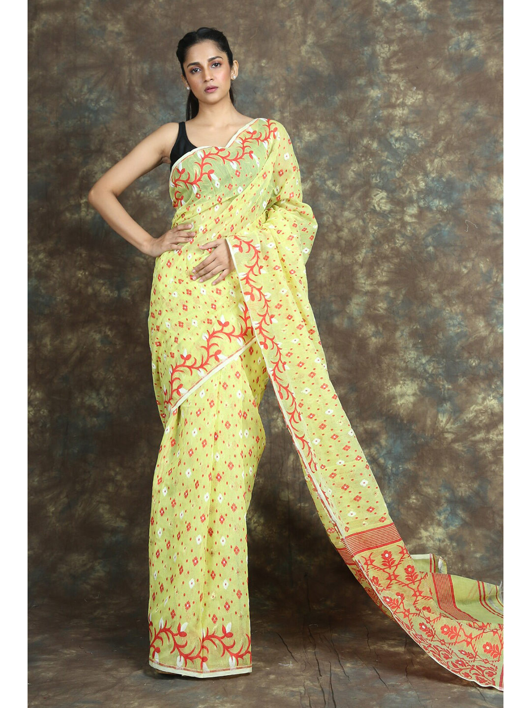 

Arhi Yellow & Red Ethnic Motifs Silk Cotton Jamdani Saree