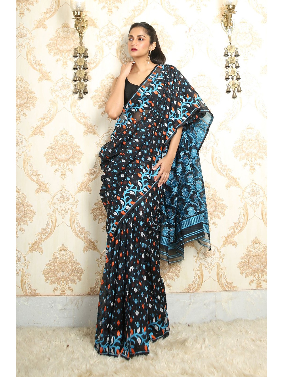

Arhi Black & Blue Woven Design Silk Cotton Jamdani Saree