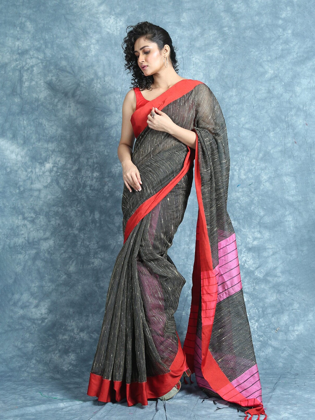 

Arhi Black & Pink Striped Pure Cotton Saree