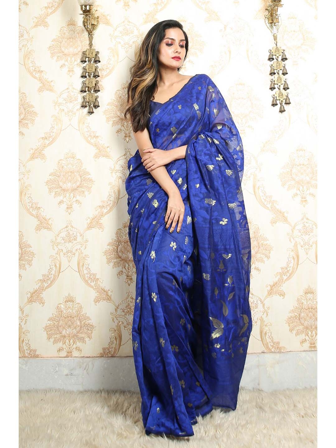 

Arhi Blue & Gold-Toned Woven Design Zari Silk Cotton Jamdani Saree