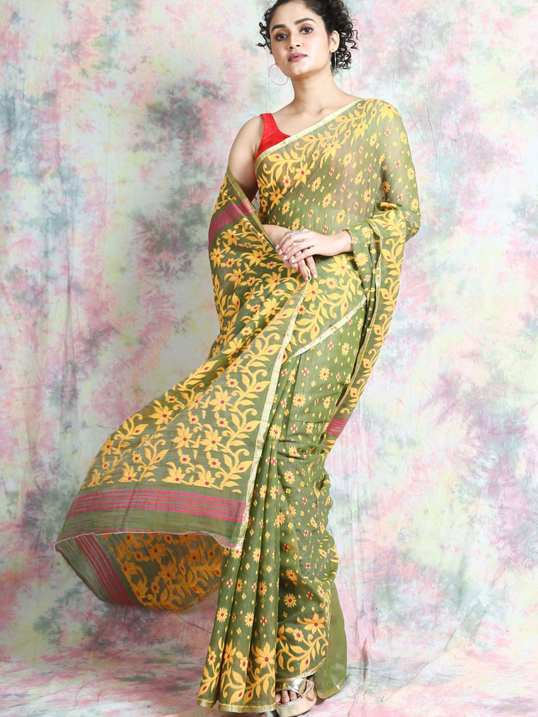 

Arhi Green & Yellow Woven Design Silk Cotton Jamdani Saree