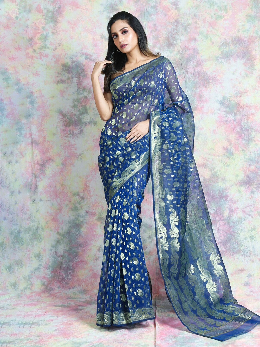 

Arhi Blue & Silver-Toned Woven Design Zari Silk Cotton Jamdani Saree