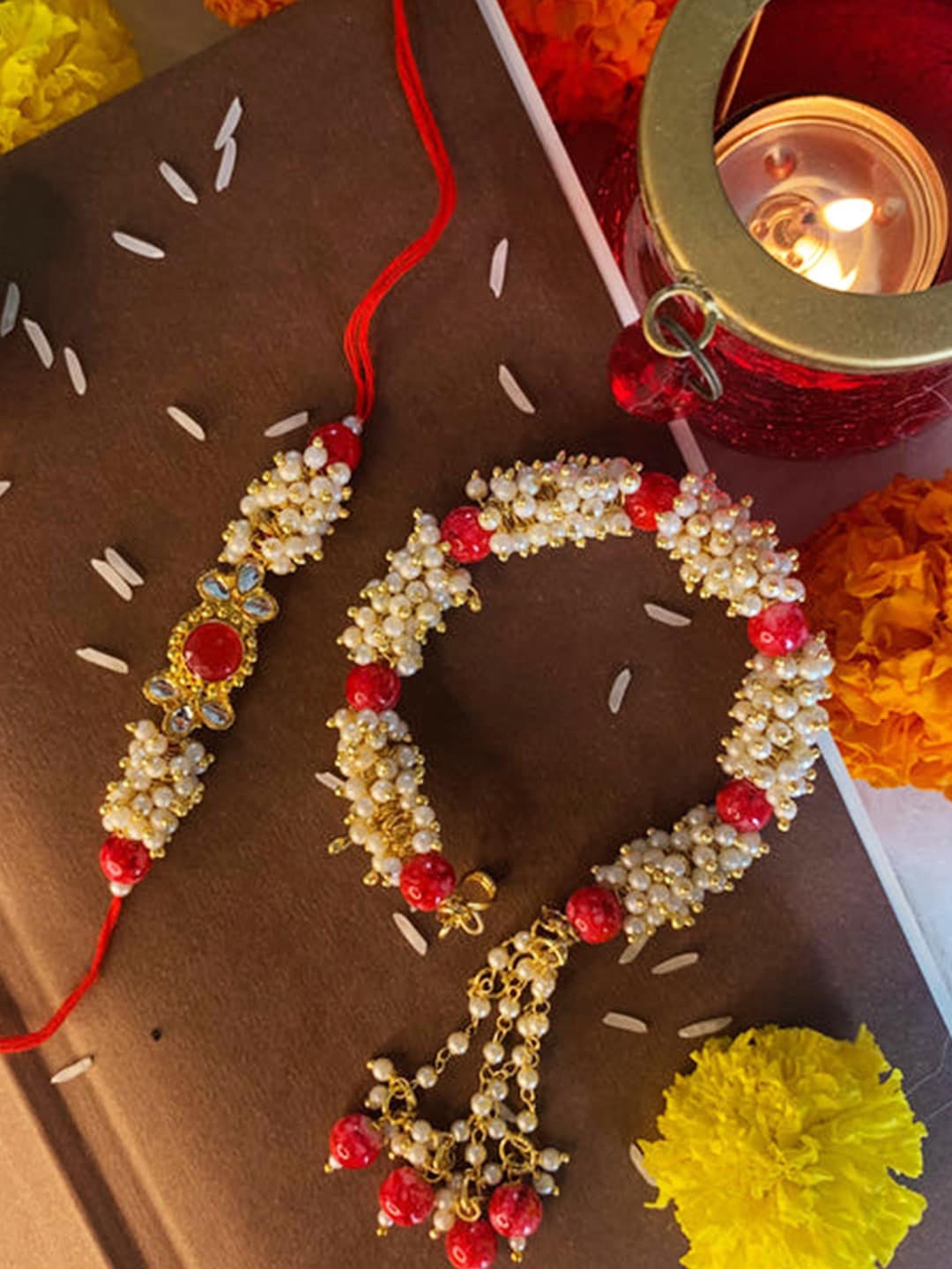 

Peora Red & White Bhaiya Bhabhi Beaded Rakhi with Roli Chawal Greeting Card