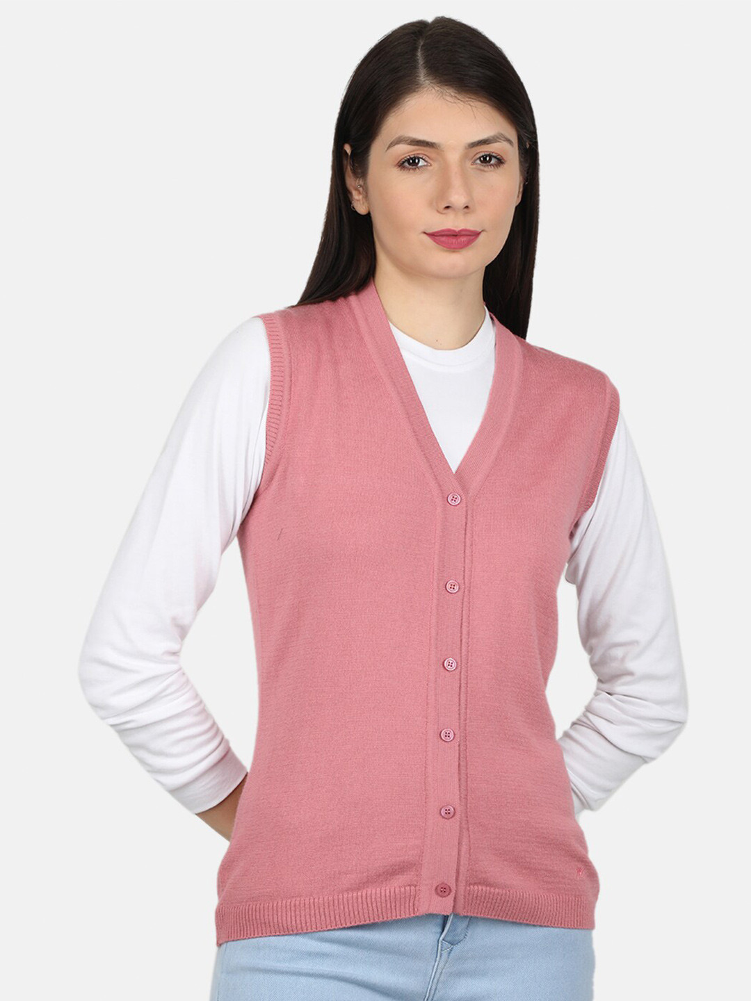 

Monte Carlo Women Pink V- neck sleeveless Cardigan
