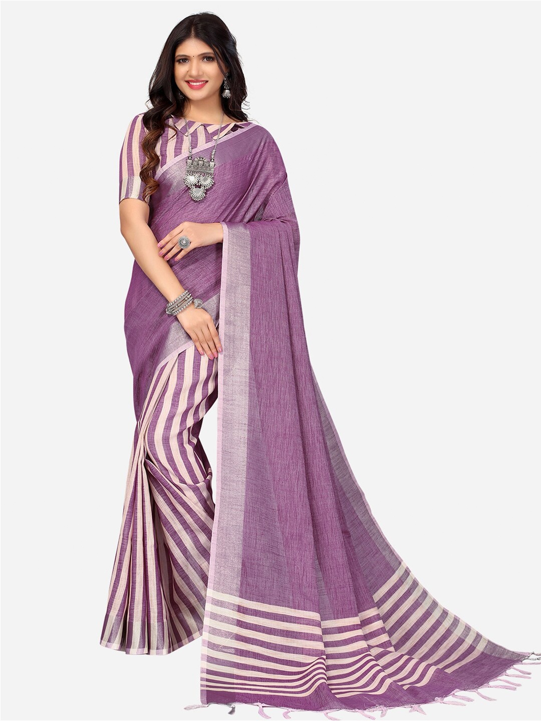 

SIRIL Purple & White Zari Saree