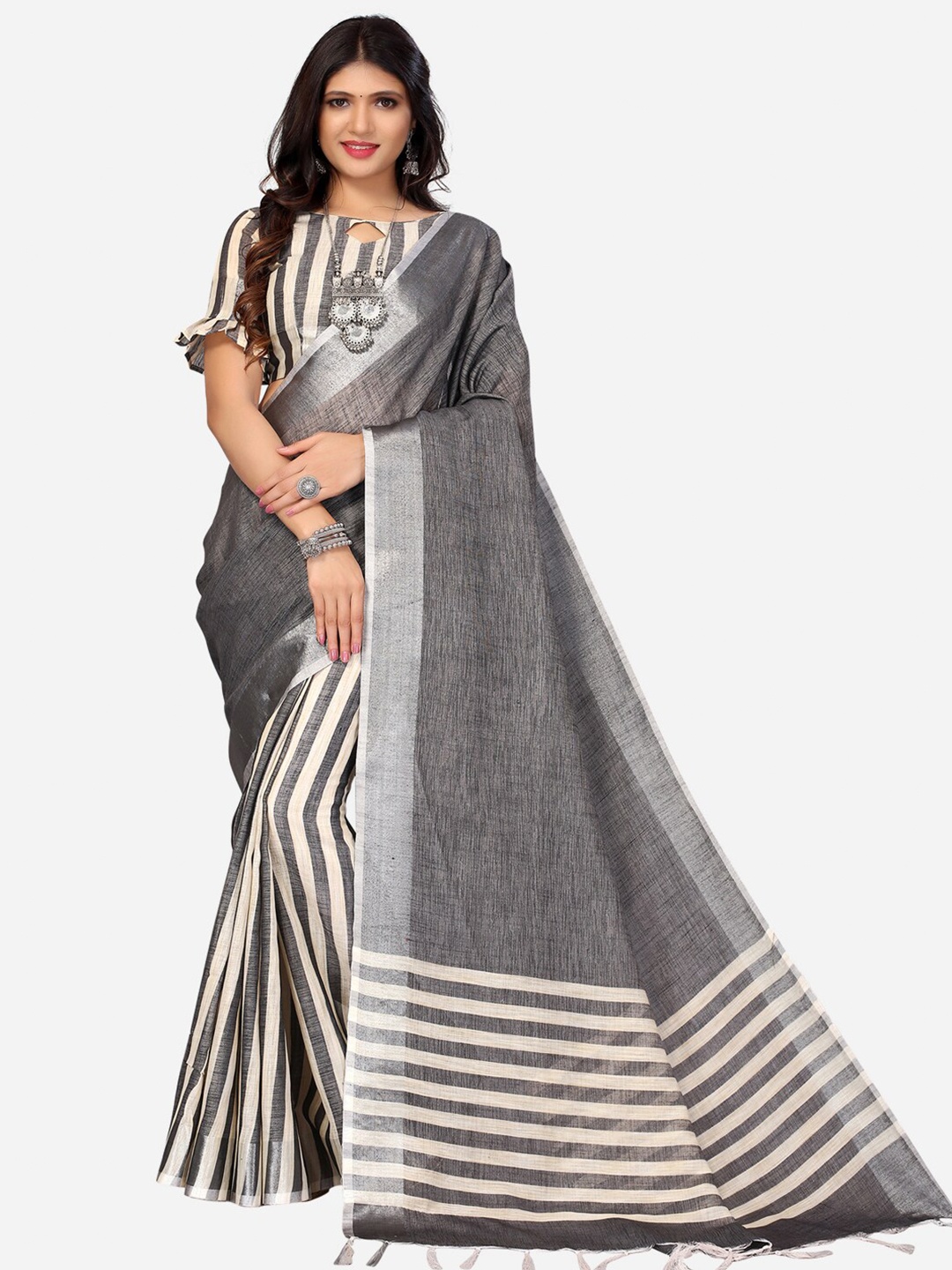 

SIRIL Grey & Silver-Toned Zari Saree