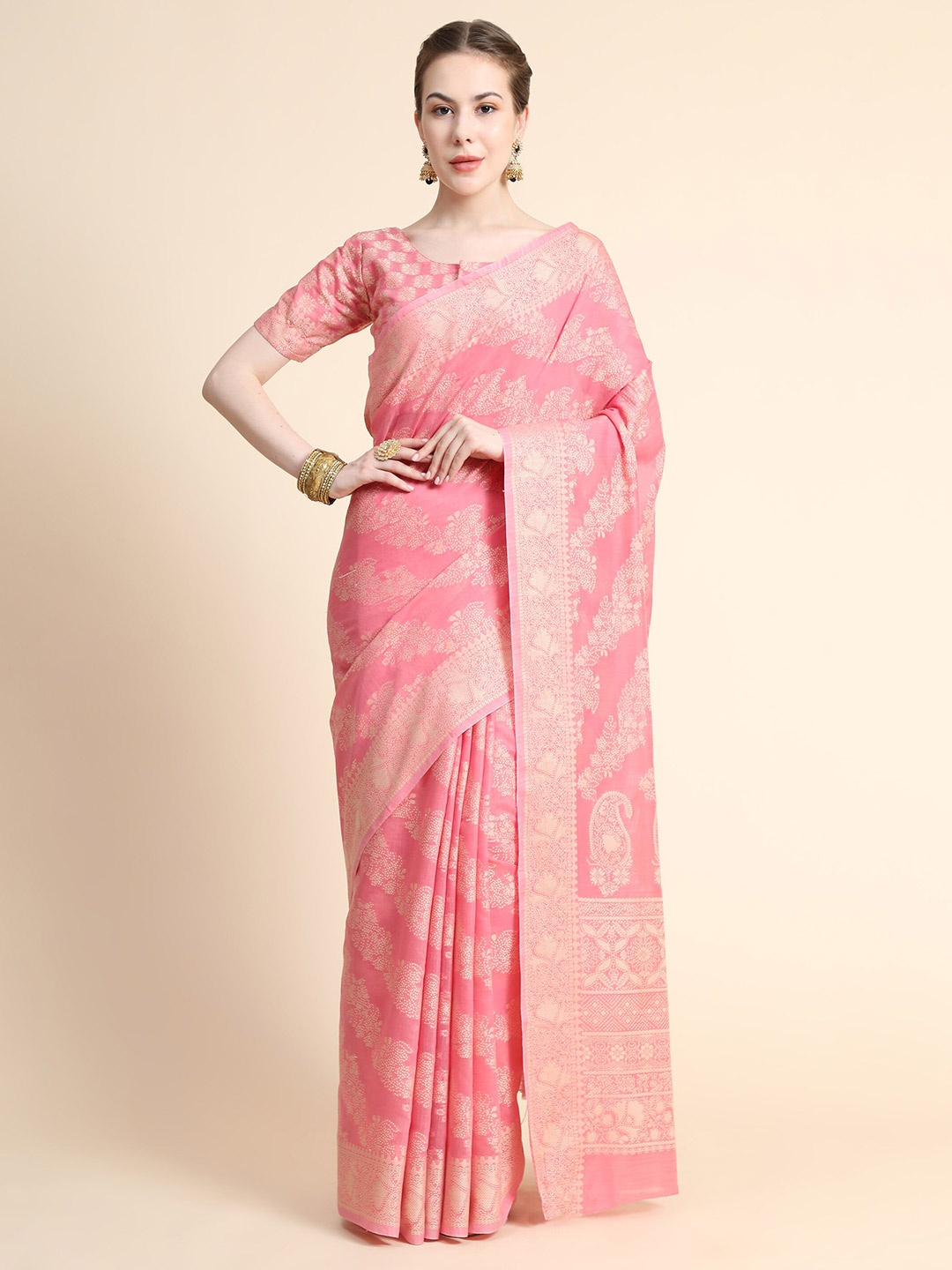 

BAHUJI Pink & Gold-Toned Woven Design Zari Art Silk Banarasi Saree