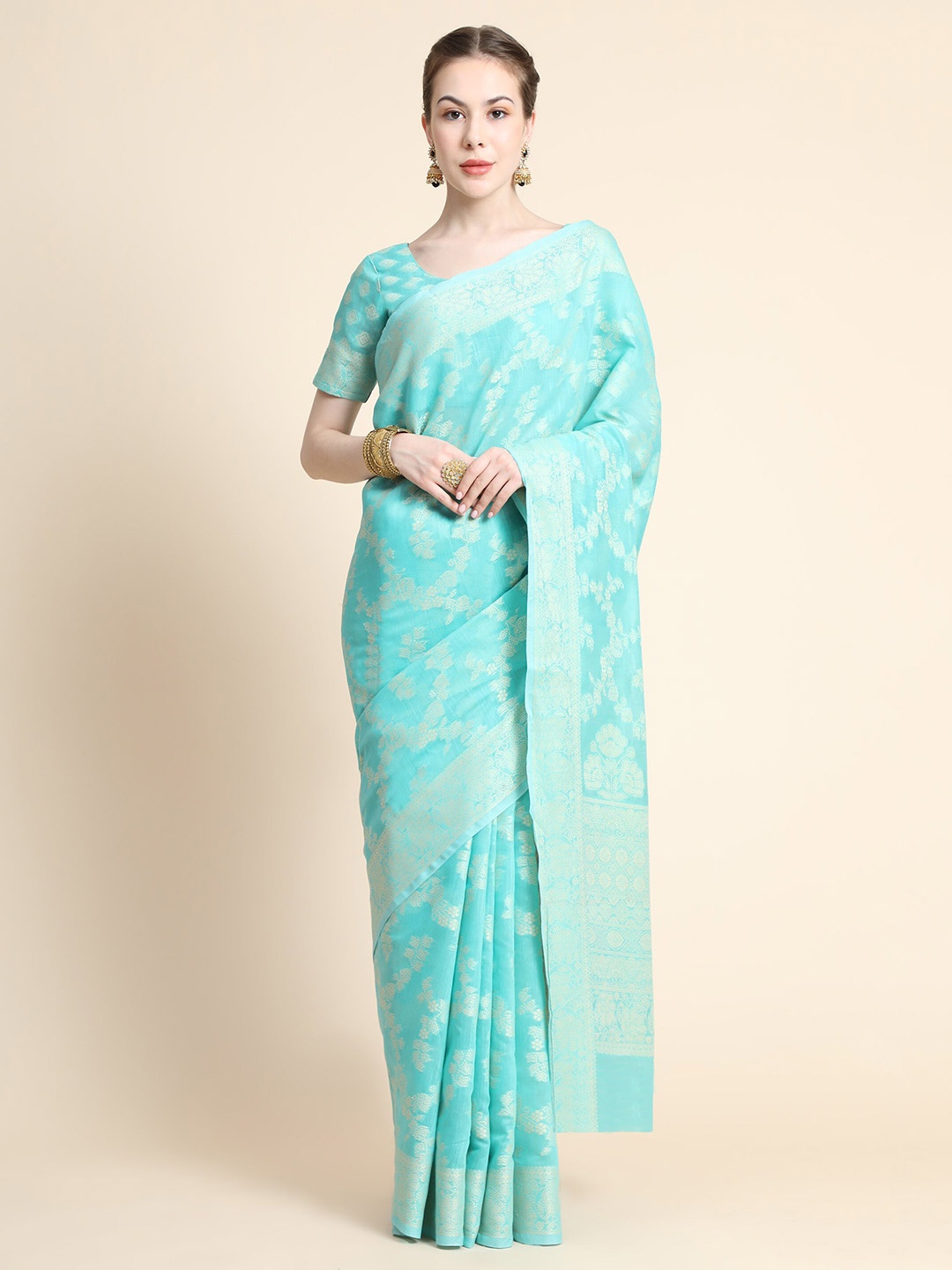 

BAHUJI Sea Green & Gold-Toned Woven Design Art Silk Banarasi Saree