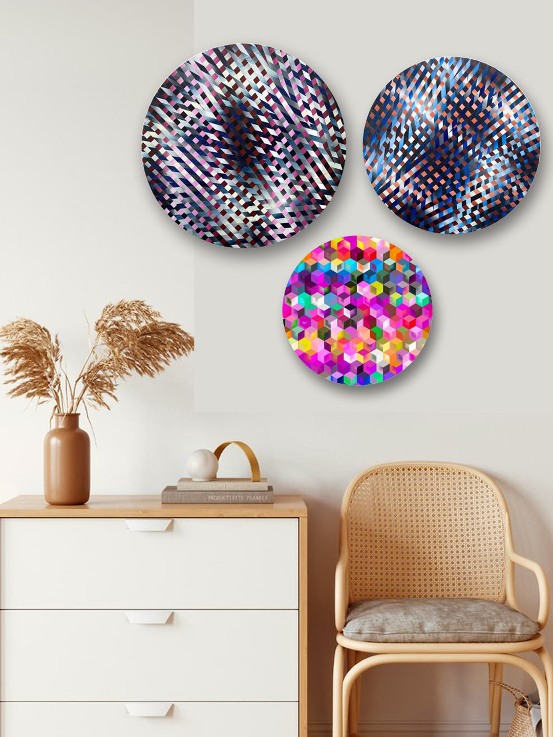 

The Art House Set Of 3 Blue & Pink Abstract Painting Wall Art, Grey