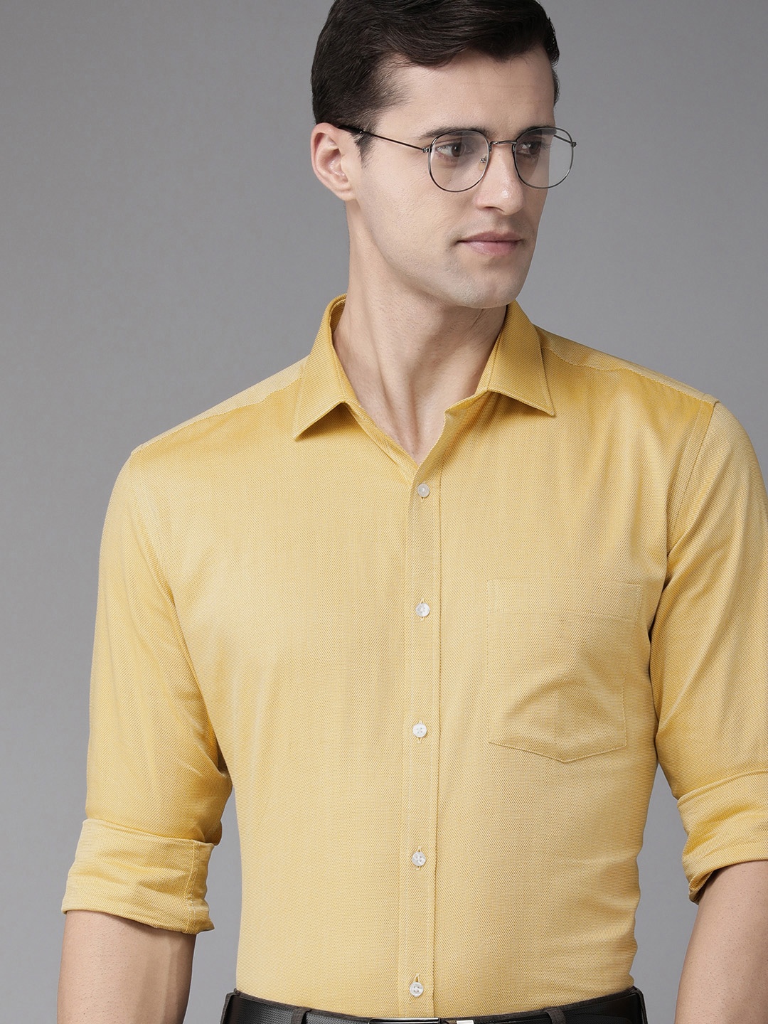 

Park Avenue Men Mustard Self Designed textured Slim Fit Pure Cotton Formal Shirt