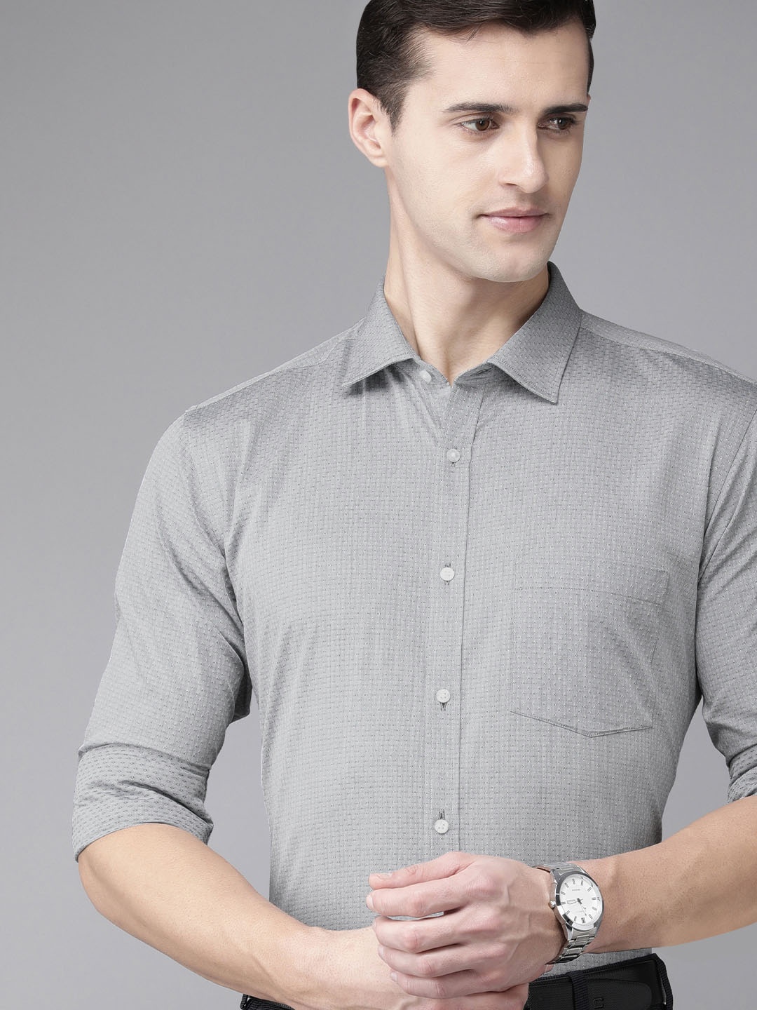 

Park Avenue Men Grey Self Design Slim Fit Pure Cotton Formal Shirt