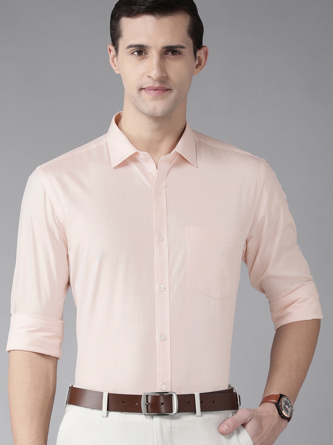 

Park Avenue Men Pink Textured Slim Fit Pure Cotton Formal Shirt