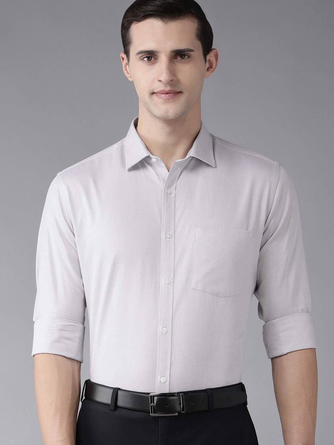 

Park Avenue Men Grey Texture Pure Cotton Slim Fit Formal Shirt