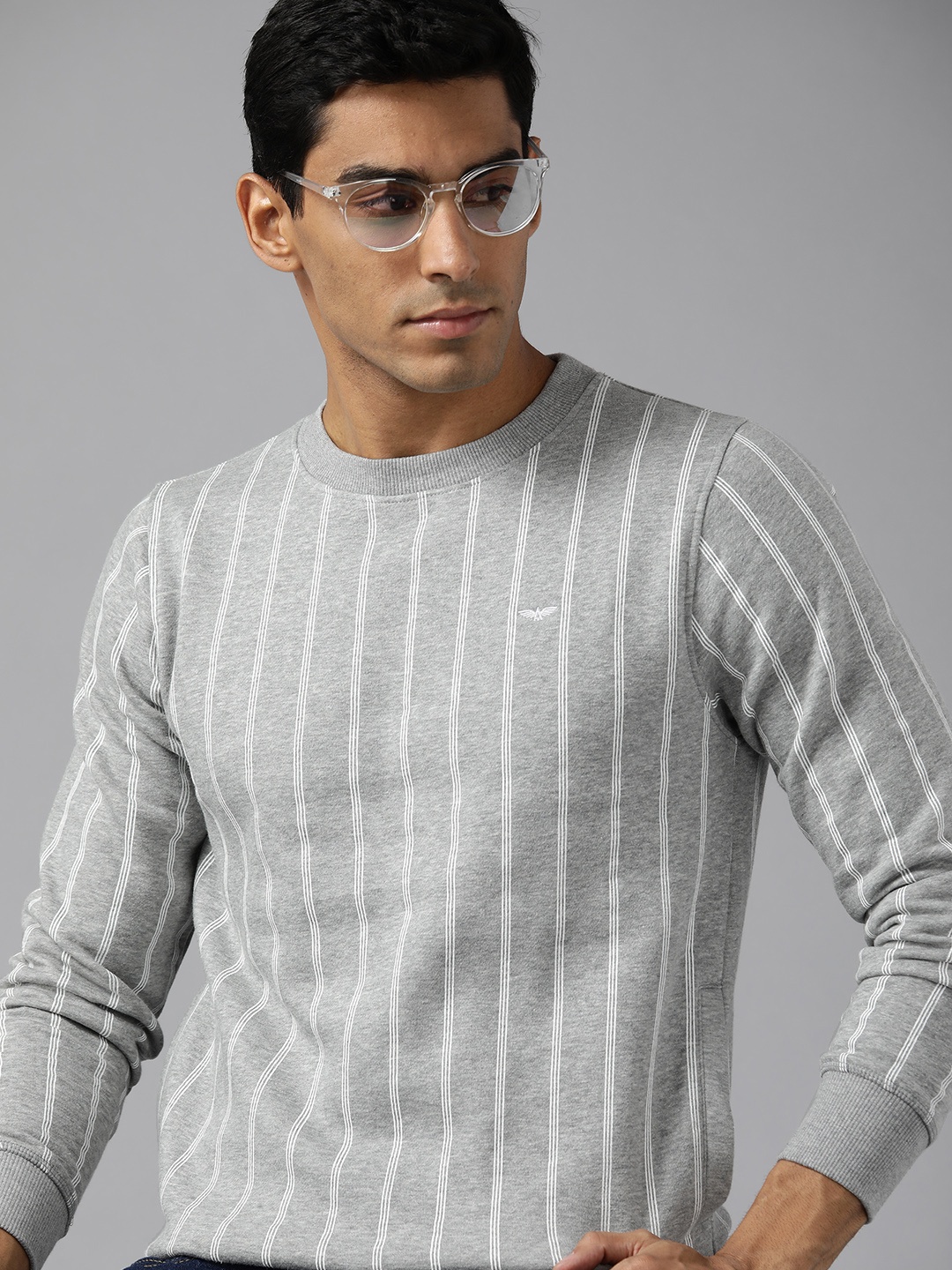 

Park Avenue Men Grey Melange & White Striped Sweatshirt