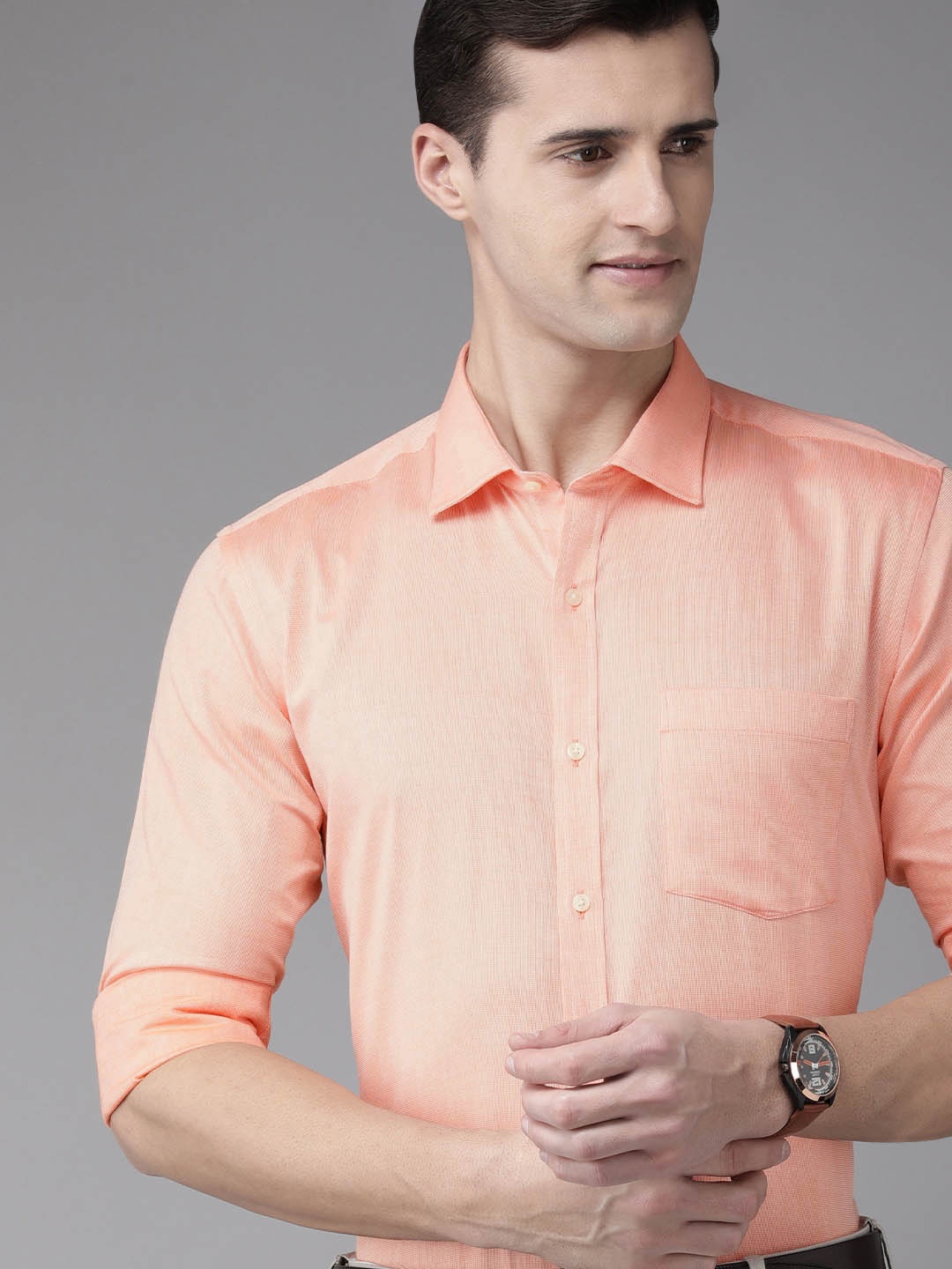 

Park Avenue Men Peach-Coloured Self Design Slim Fit Pure Cotton Formal Shirt