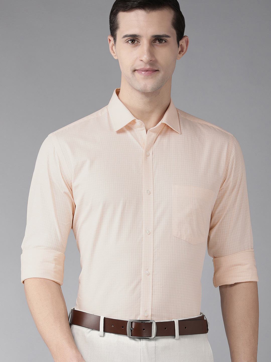 

Park Avenue Men Orange Grid Tattersall Checks Slim Fit Pure Cotton Formal Shirt