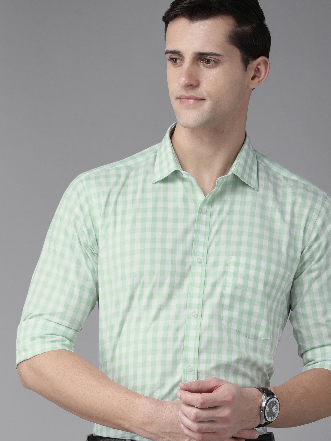 

Park Avenue Men Green Slim Fit Buffalo Checks Pure Cotton Formal Shirt