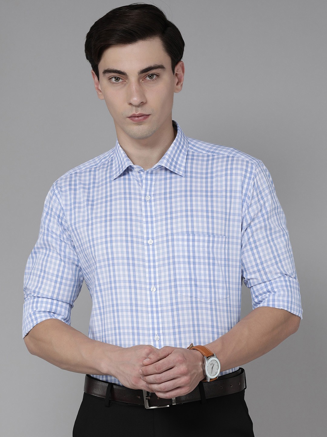 

Park Avenue Men Blue & White Slim Fit Checked Pure Cotton Formal Shirt
