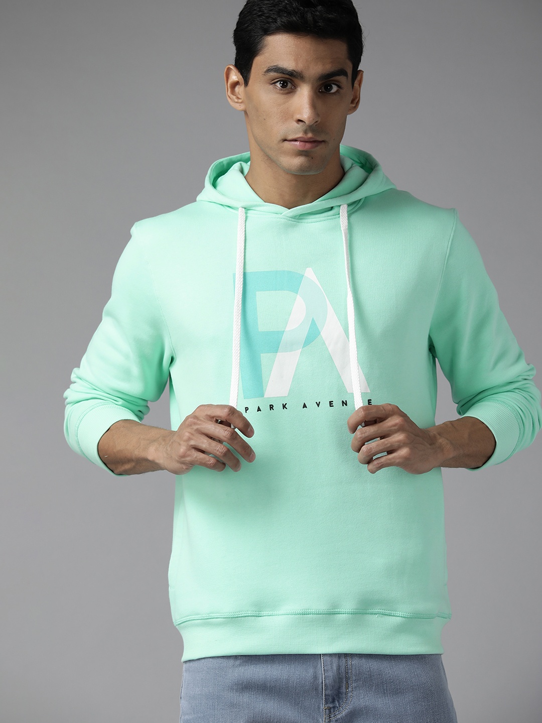 

Park Avenue Men Sea Green Printed Hooded Sweatshirt