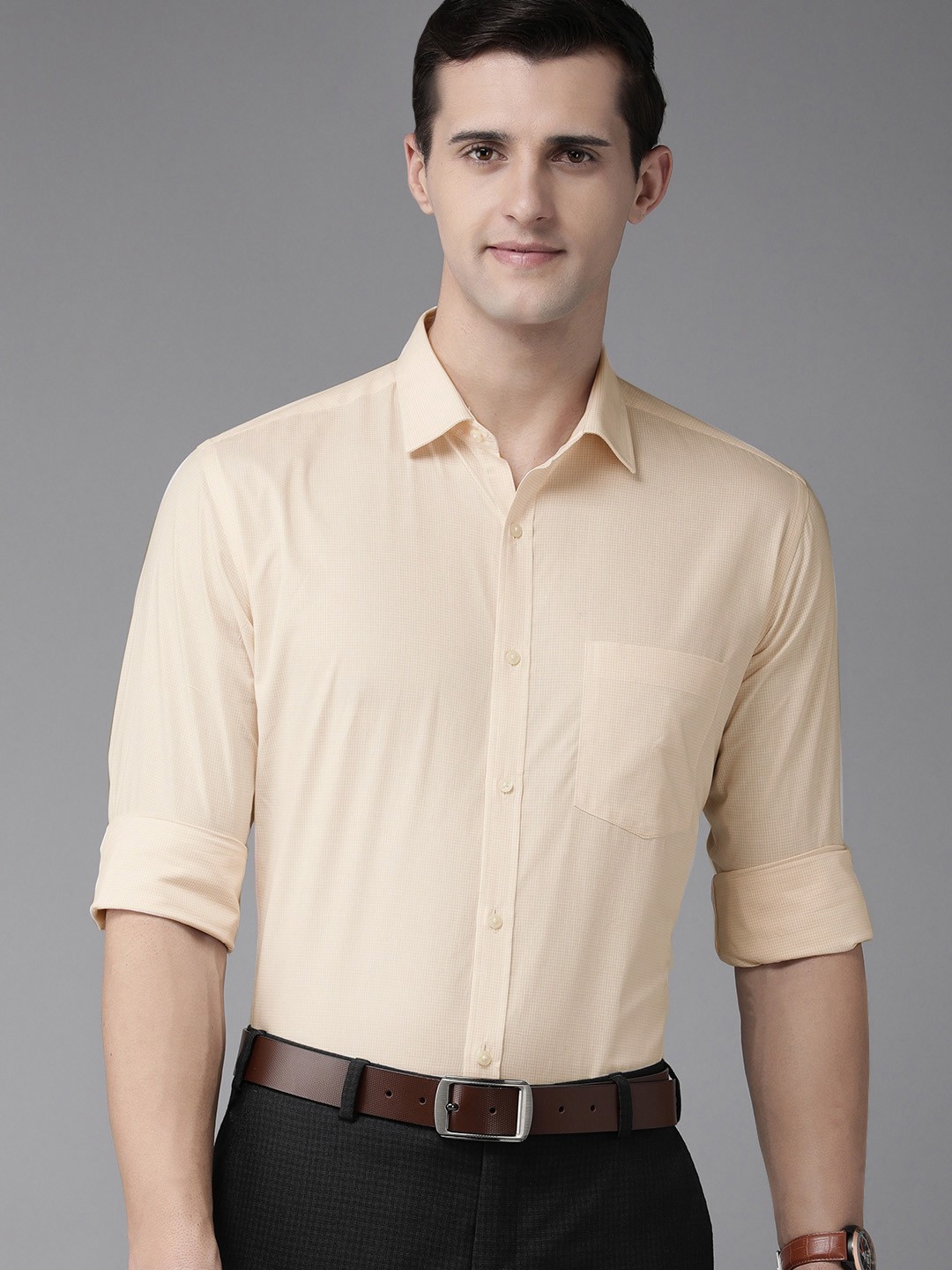 

Park Avenue Men Beige Micro Ditsy Checks Slim Fit Pure Cotton Formal Shirt