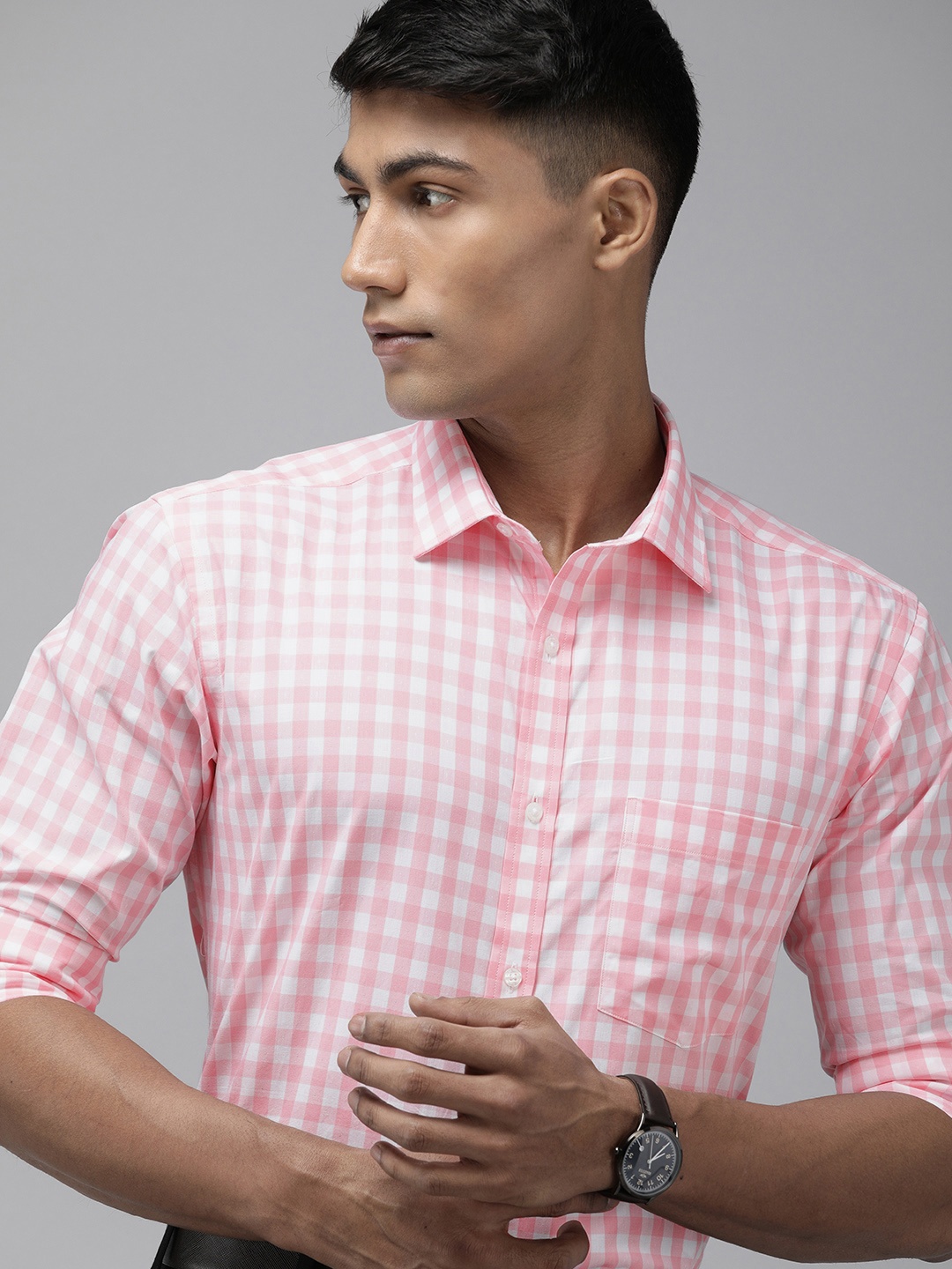 

Park Avenue Men Pink And White Slim Fit Grid Tattersall Checked Pure Cotton Formal Shirt