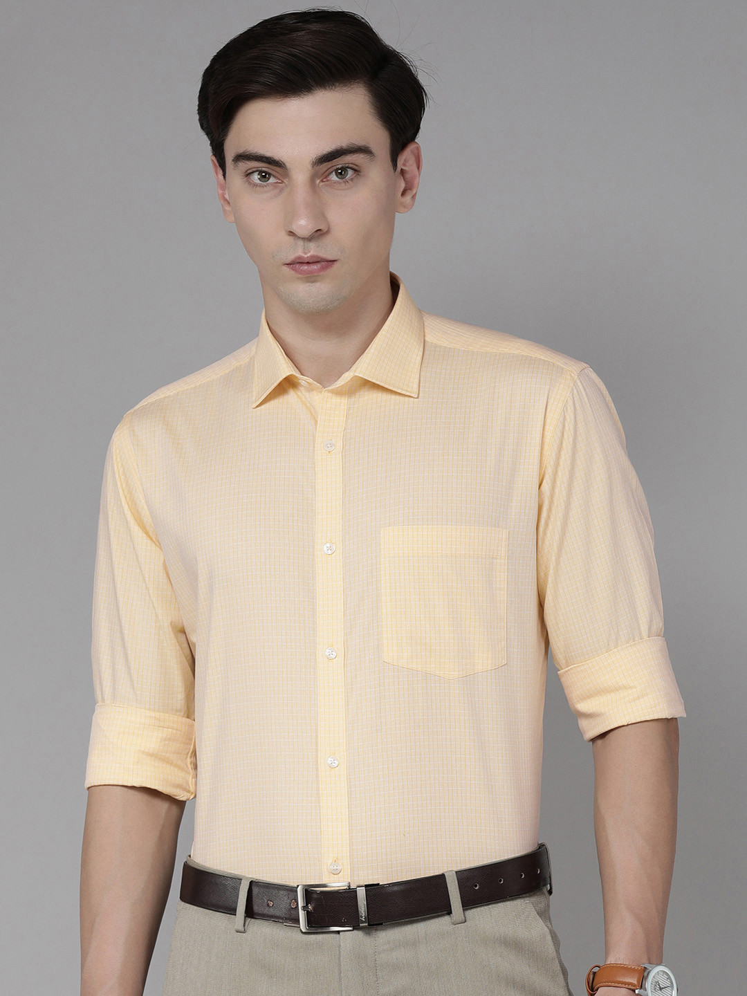 

Park Avenue Men Yellow Slim Fit Checked Pure Cotton Formal Shirt