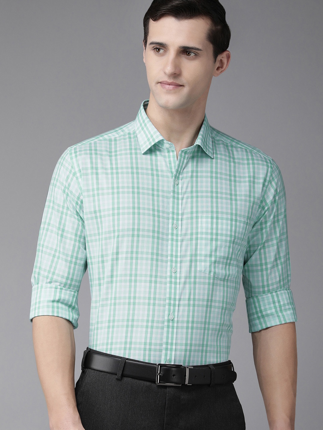 

Park Avenue Men Green & Off-White Slim Fit Checked Pure Cotton Formal Shirt