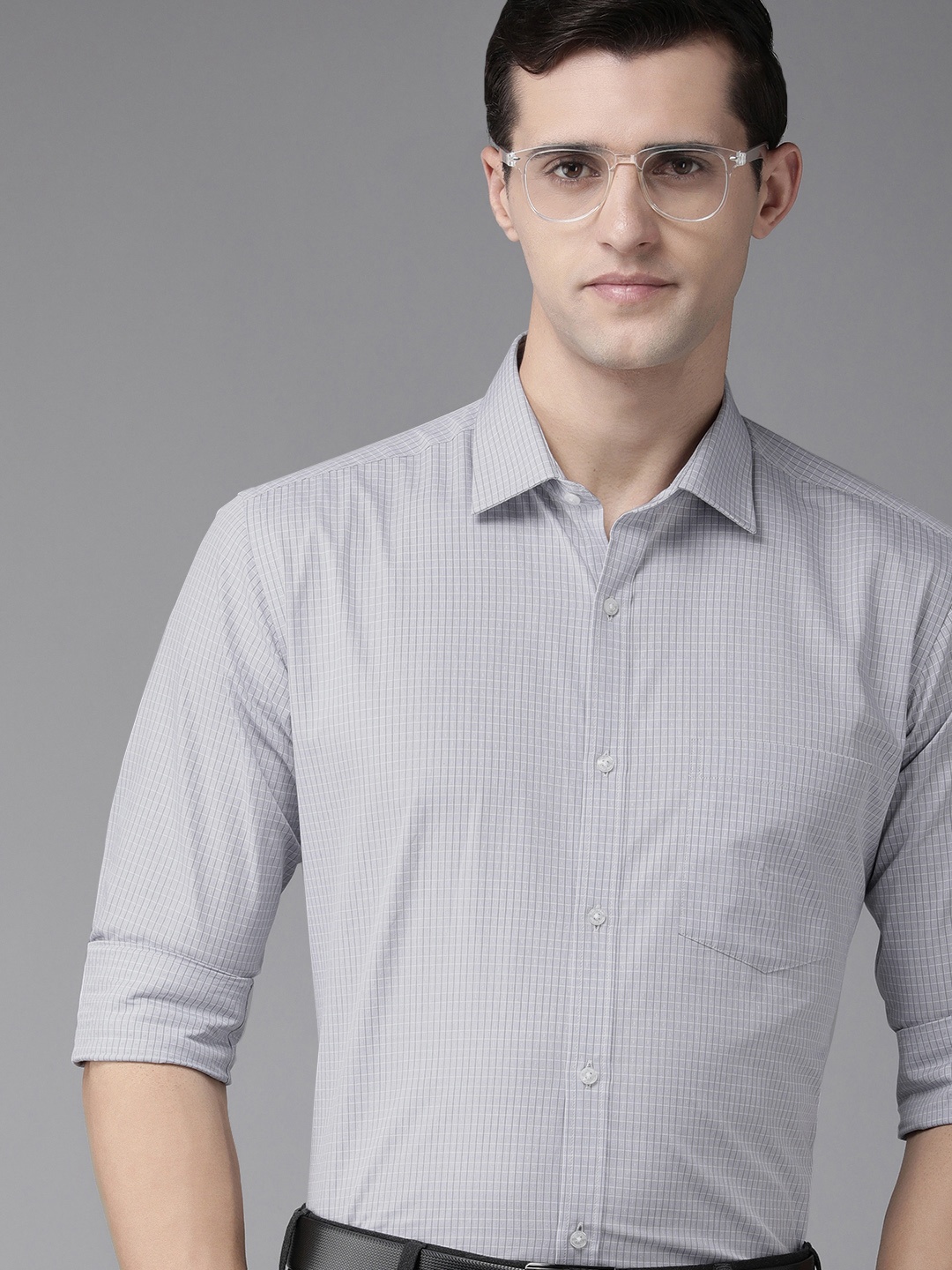 

Park Avenue Men Grey Slim Fit Checked Pure Cotton Formal Shirt