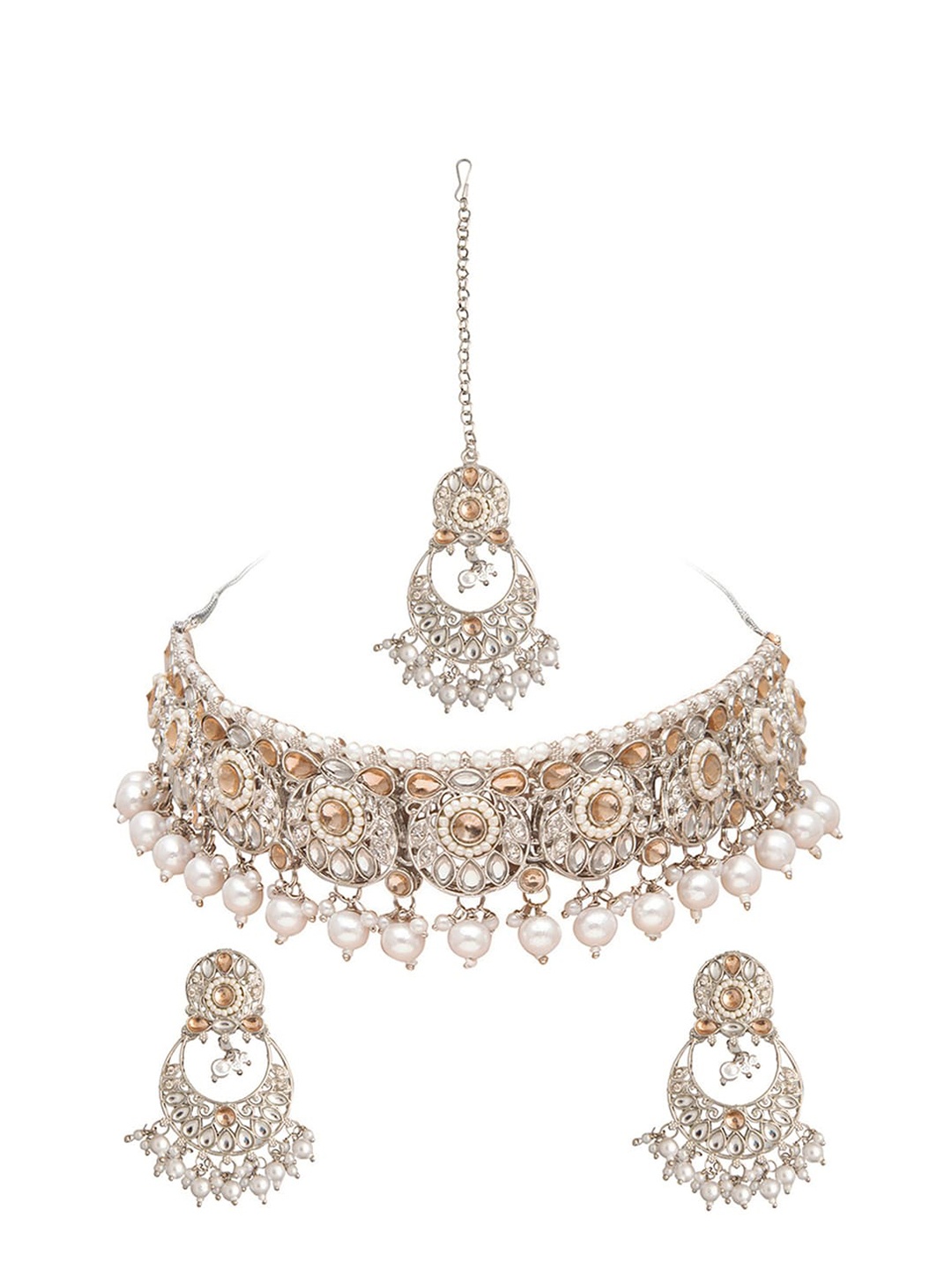 

Shining Jewel - By Shivansh Silver-Plated Kundan Studded Pearls Beaded Choker Jewellery Set