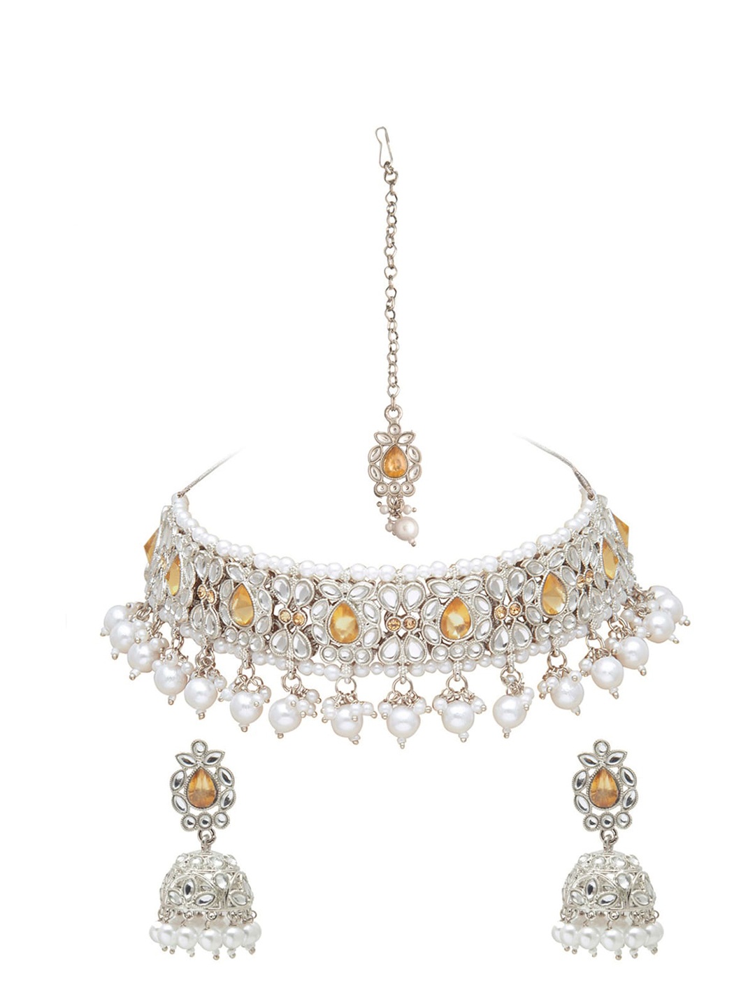 

Shining Jewel-By Shivansh Women Silver-Plated Kundan Studded Pearls Choker Jewellery Set