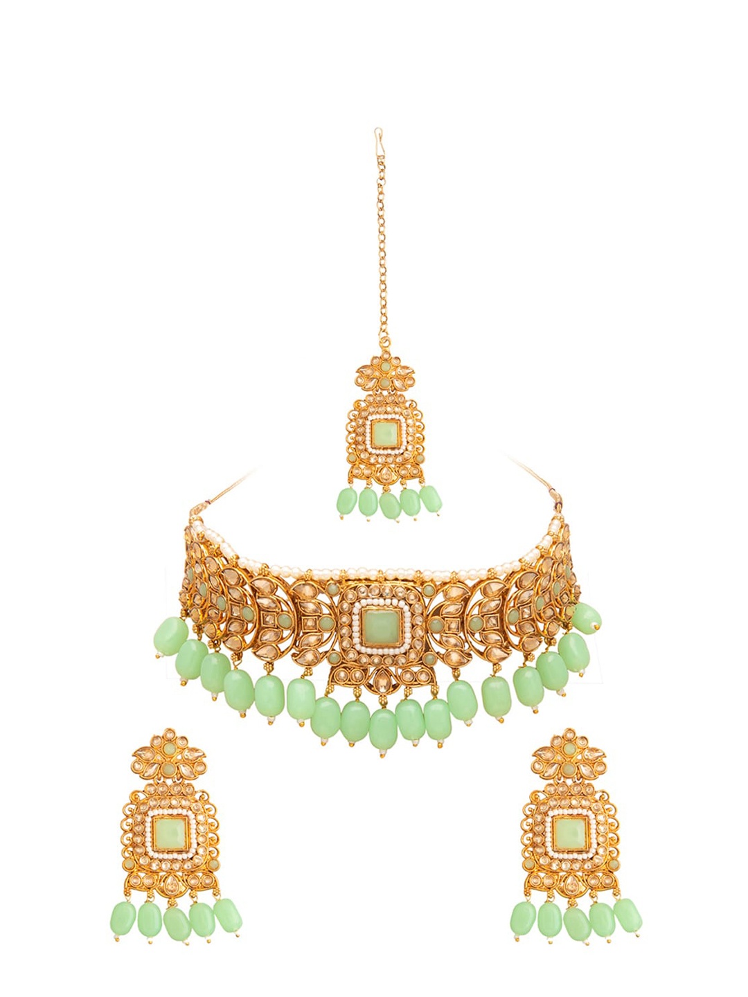 

Shining Jewel - By Shivansh Women Gold-Plated & Green Kundan-Studded Pearl Jewellery Set