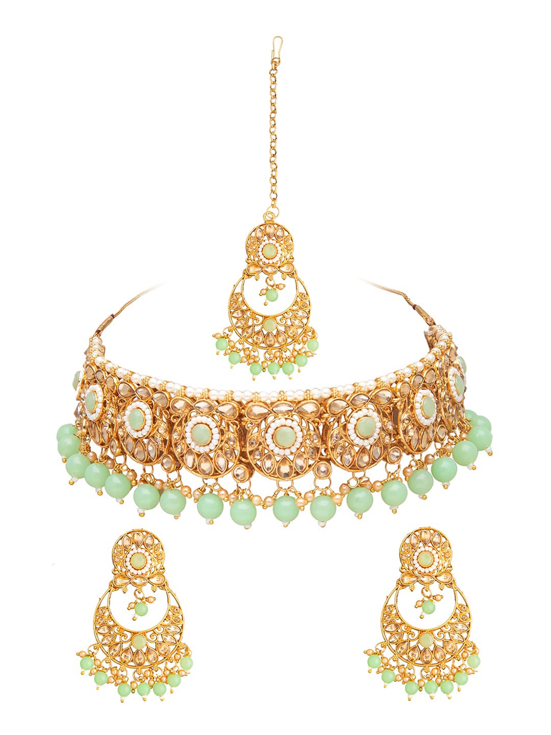 

Shining Jewel - By Shivansh Gold-Plated Green Kundan Studded Jewellery Set