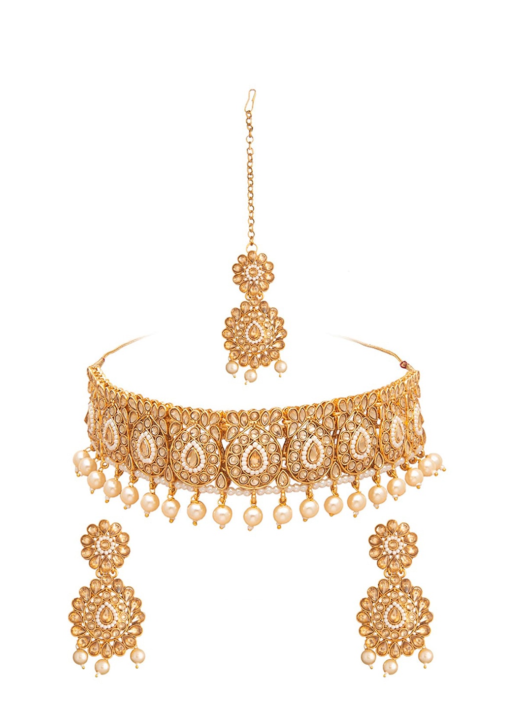

Shining Jewel - By Shivansh Women Gold-Plated Kundan & Beaded Pearl Choker Jewellery Set