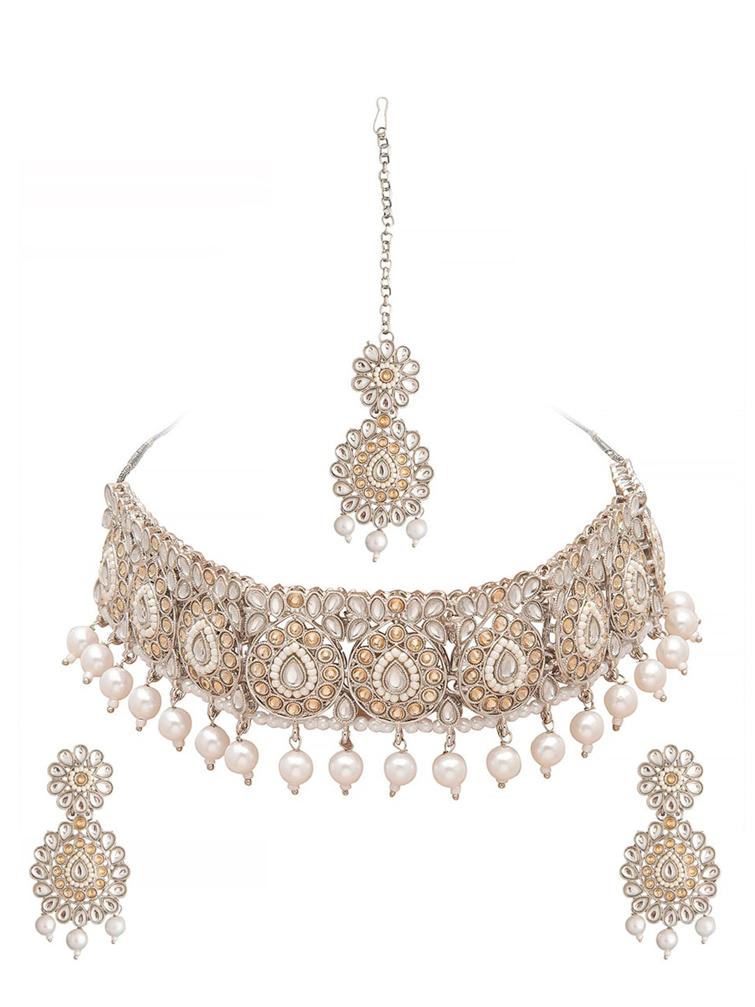 

Shining Jewel - By Shivansh Silver-Plated Pearl & Kundan Choker Jewellery Set