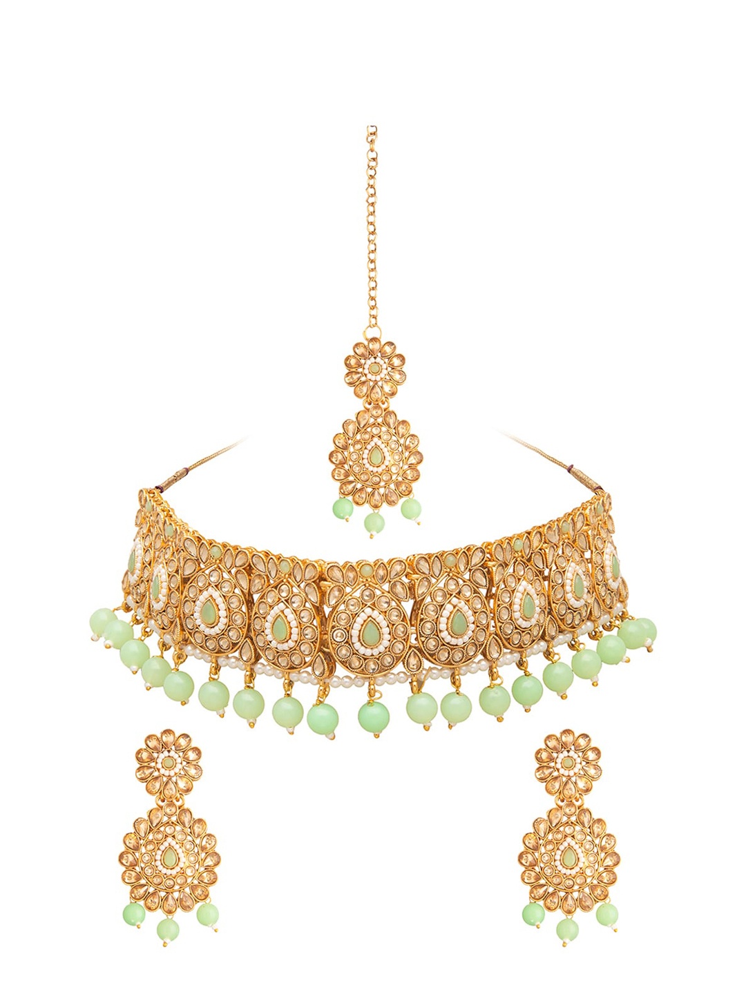 

Shining Jewel - By Shivansh Gold-Plated Lime Green Kundan Studded & Pearl Beaded Jewellery Set