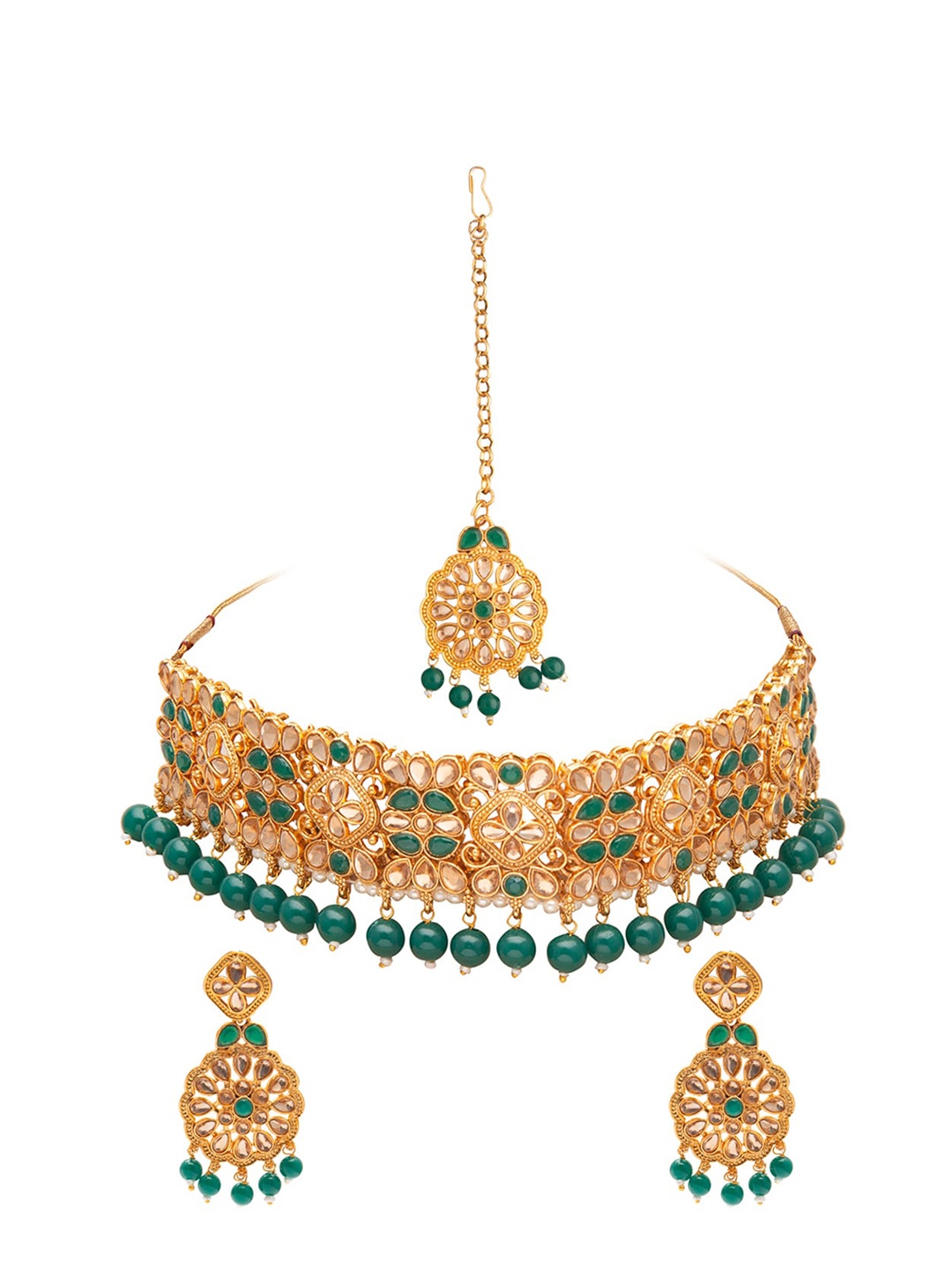 

Shining Jewel-By Shivansh Gold-Plated Green Kundan Studded & Pearl Beaded Jewellery Set