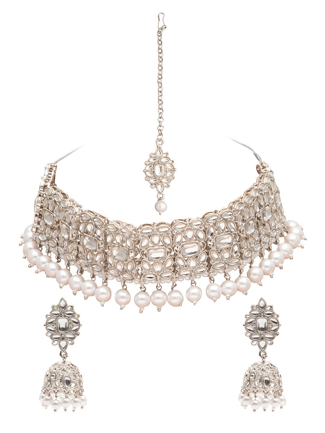 

Shining Jewel - By Shivansh Women Silver Plated White Kundan Studded Jewellery Set