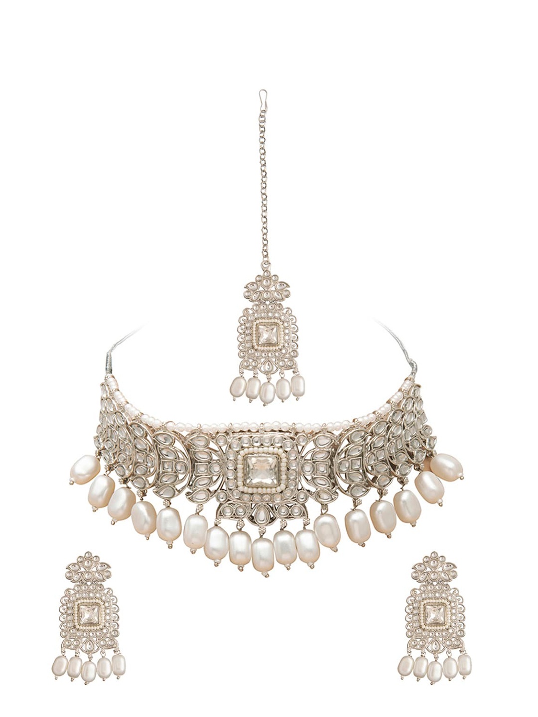 

Shining Jewel - By Shivansh Silver Plated White Kundan-Studded & Pearl Beaded Jewellery Set