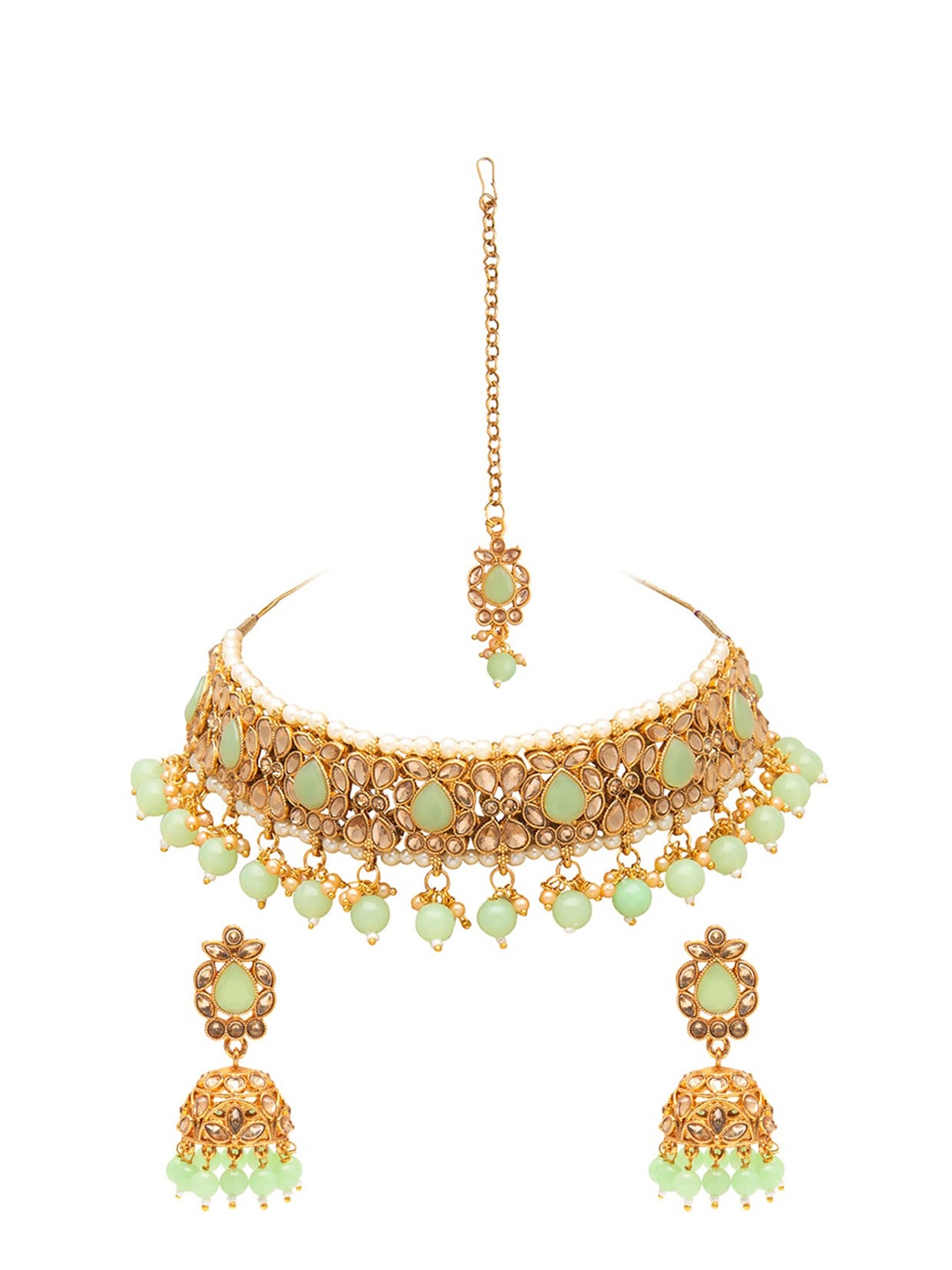 

Shining Jewel - By Shivansh Gold-Plated Green Kundan Studded & Pearl Beaded Jewellery Set