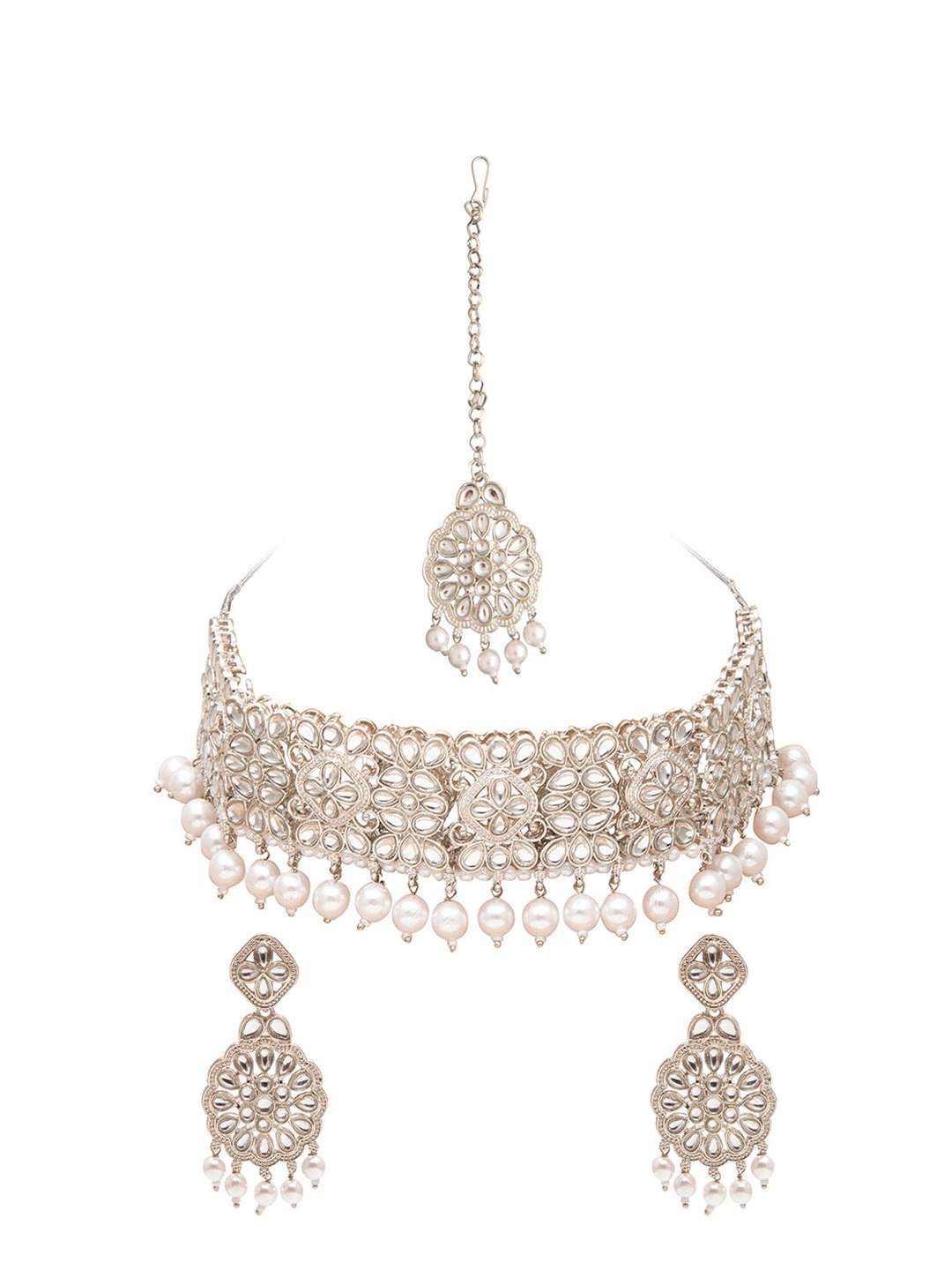 

Shining Jewel - By Shivansh White & Silver-Plated Kundan Jewellery Set