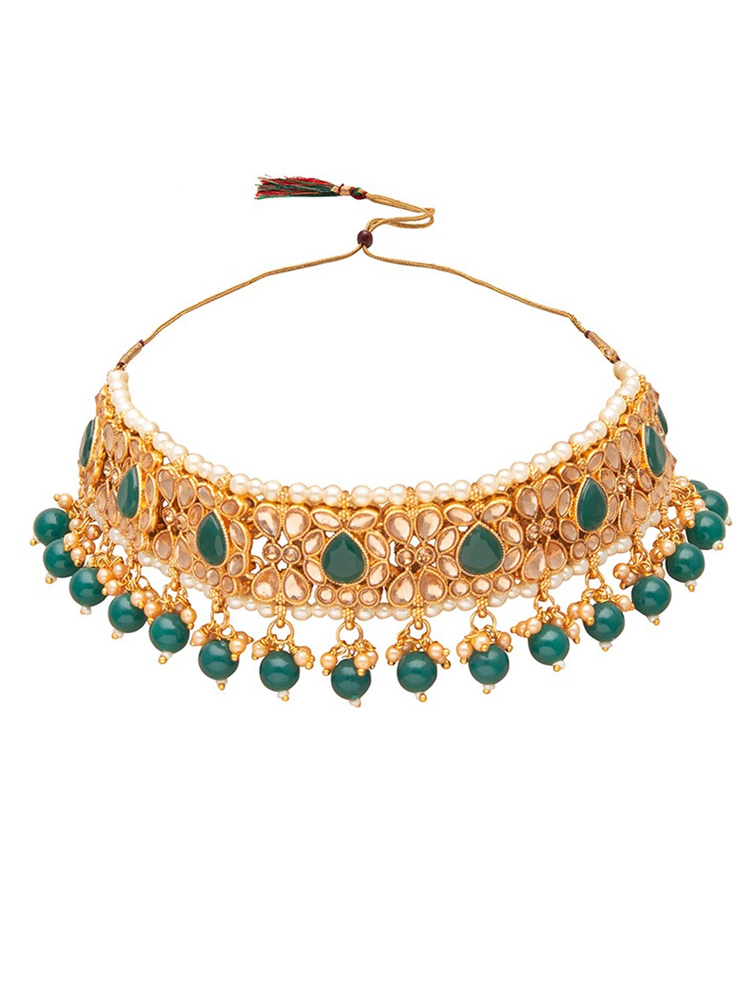 

Shining Jewel - By Shivansh Women Gold-Plated Green Kundan & Pearl Beaded Jewellery Set
