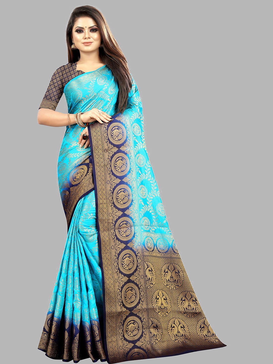 

nirja Fab Turquoise Blue & Gold-Toned Woven Design Zari Silk Cotton Banarasi Saree
