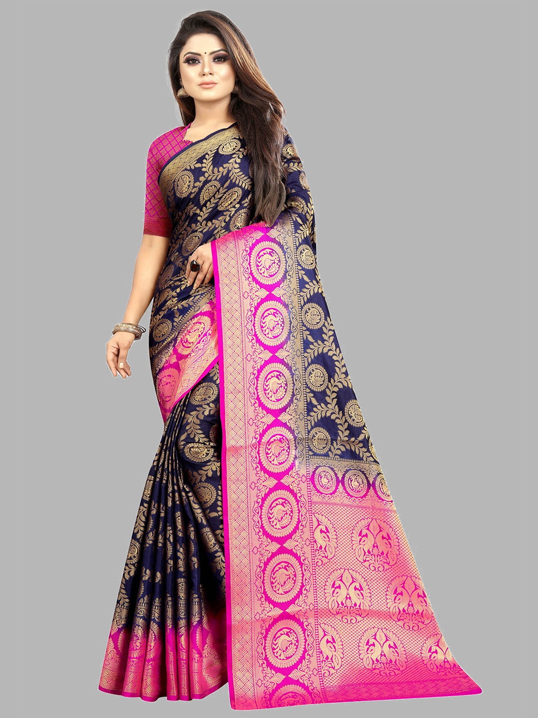 

nirja Fab Blue & Magenta Woven Design Zari Silk Cotton Banarasi Saree